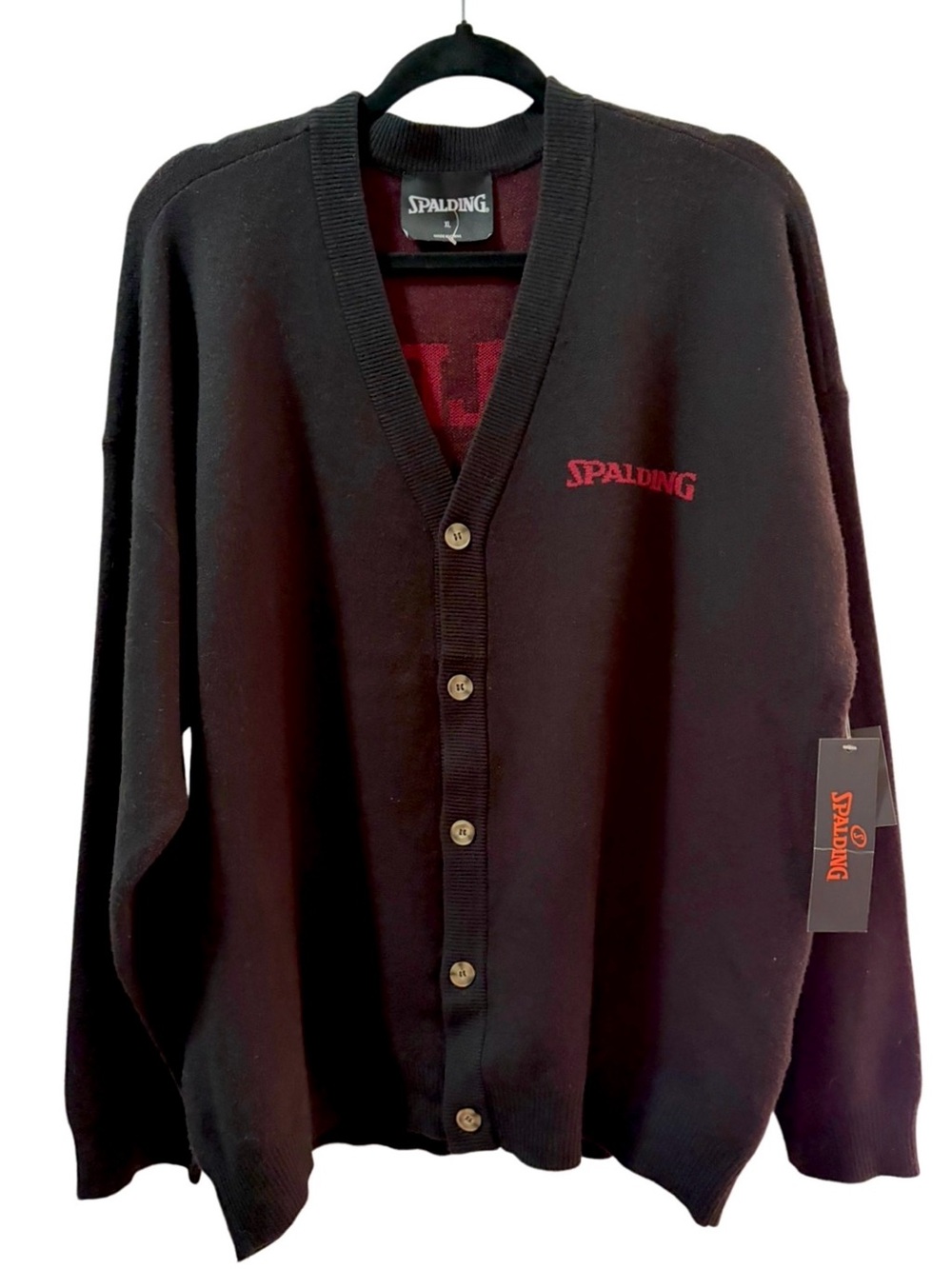 NWT Spalding Men’s XL Black & Burgundy Varsity Logo Cardigan